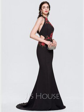 JJ’s House Black Mermaid Gown Red Rose Embroidery Halter Formal Dress Prom